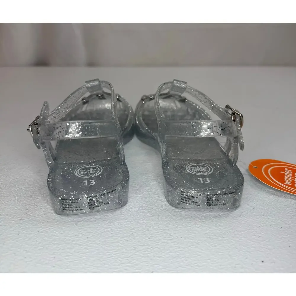 Wonder Nation; Girls Crystal Jelly Sandal, Flat Clear Size 13
